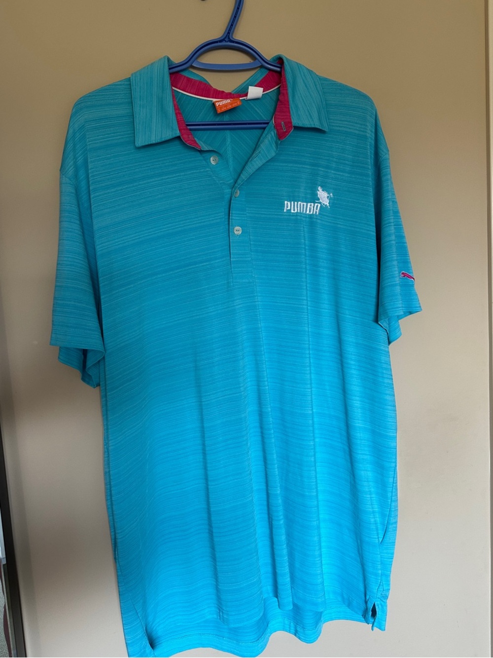 Puma Men's Blue Polo with Pink Contrast Collar